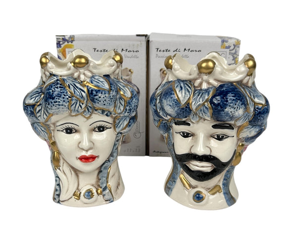 Coppia teste di moro regina e re in ceramica decorata stile siciliano vasi moderni gic foglie