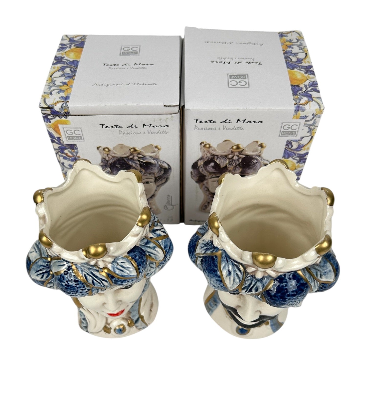 Coppia teste di moro regina e re in ceramica decorata stile siciliano vasi moderni gic foglie