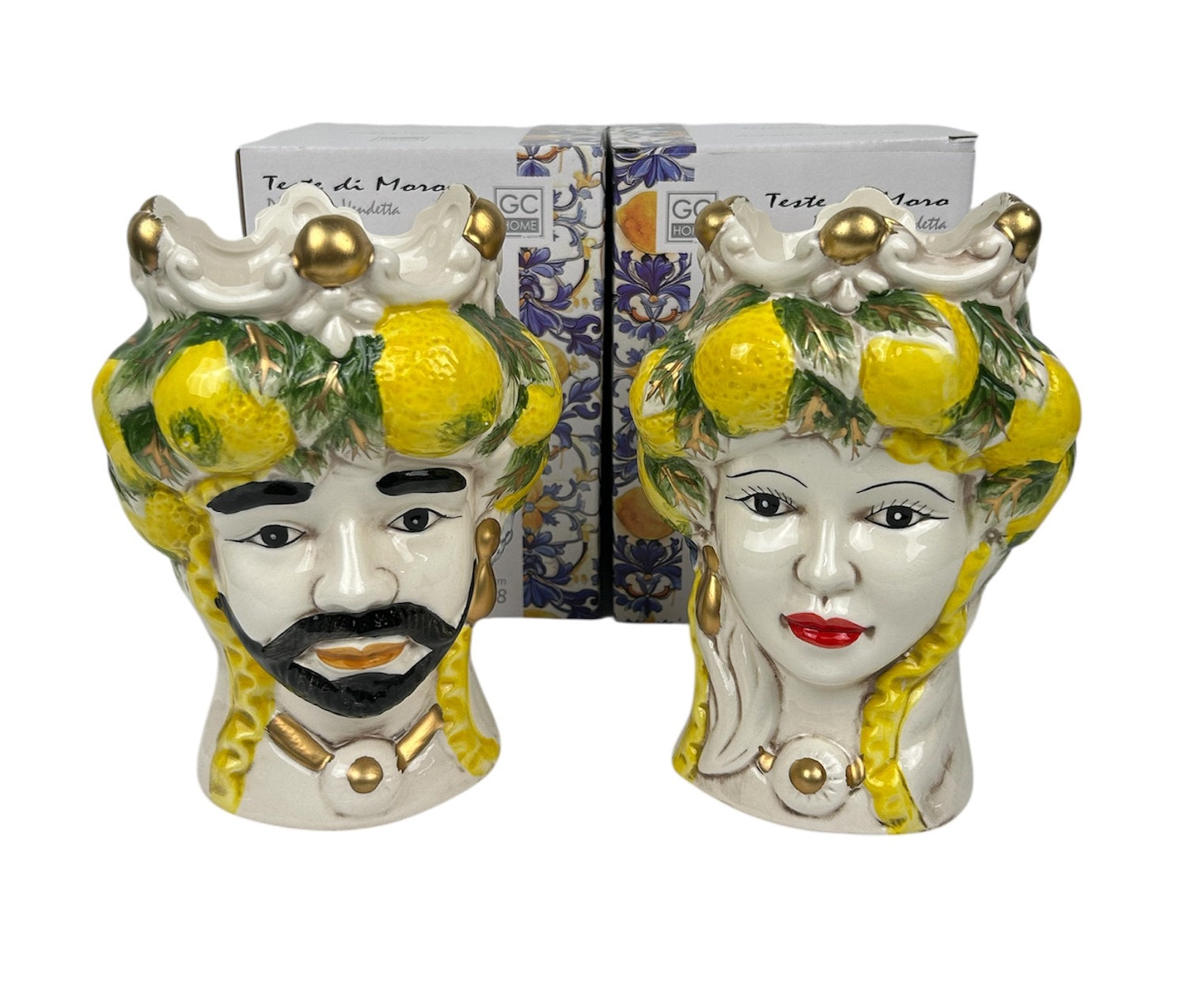 Coppia teste di moro regina e re in ceramica decorata stile siciliano vasi moderni gic limoni