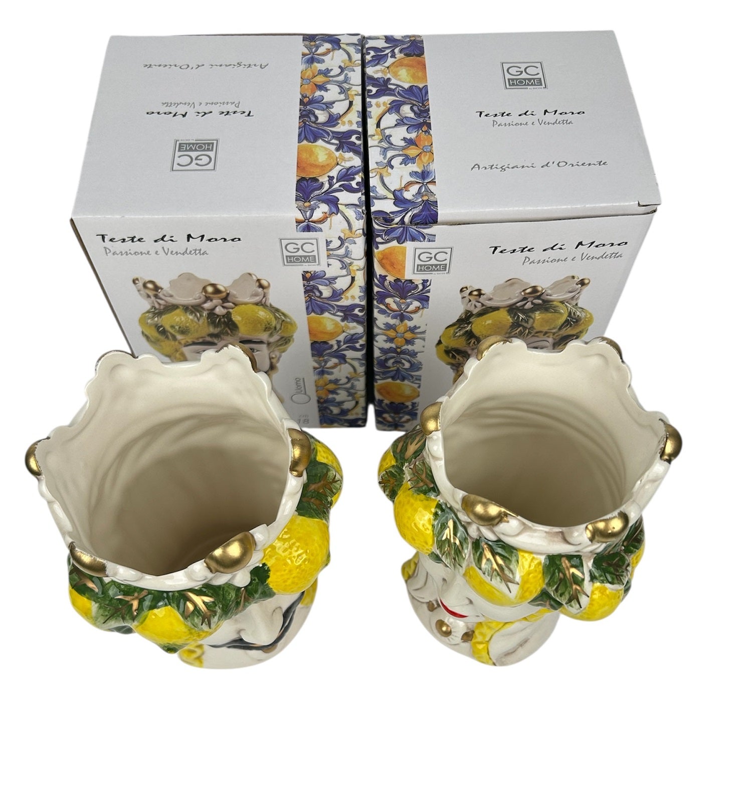 Coppia teste di moro regina e re in ceramica decorata stile siciliano vasi moderni gic limoni