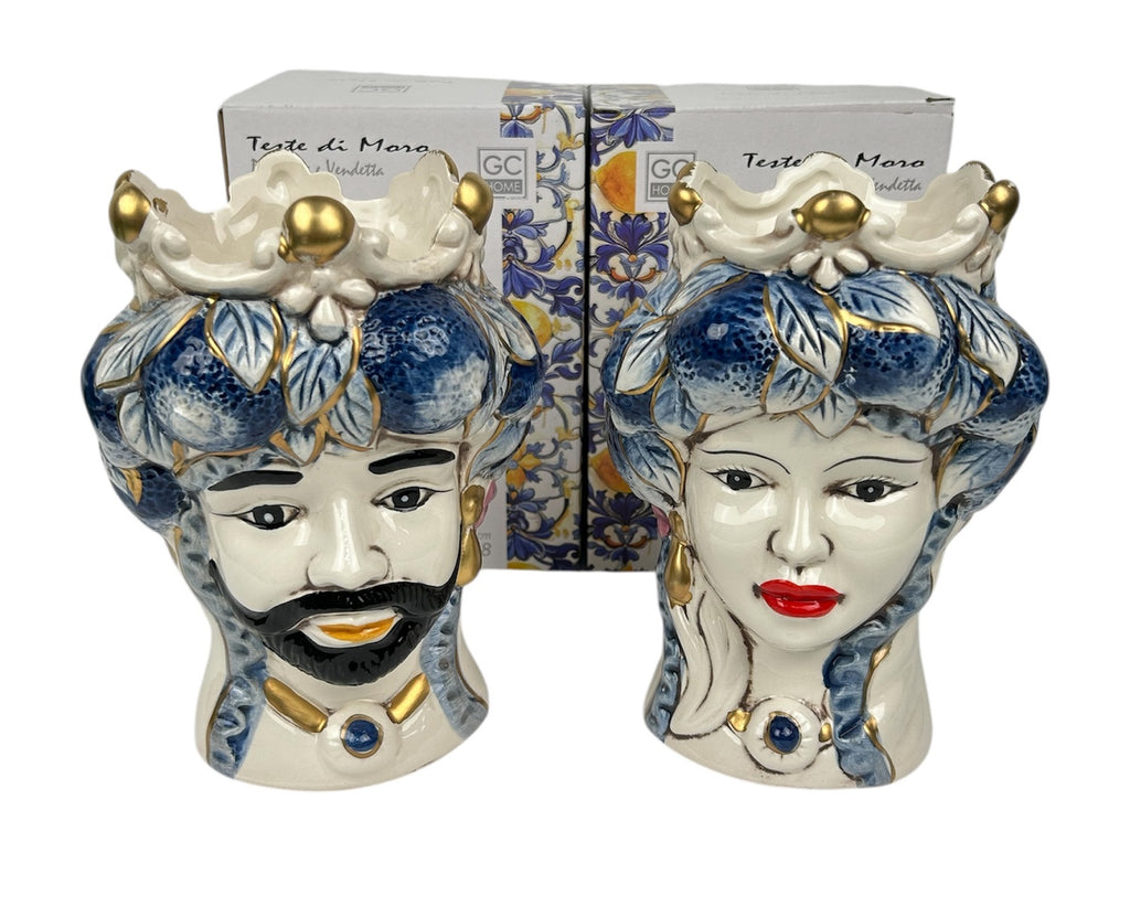 ILAB Pair of Moorish Heads Queen and King in Sicilian Ceramic Hand Decorated Blue and Gold Modern gic h25cm 