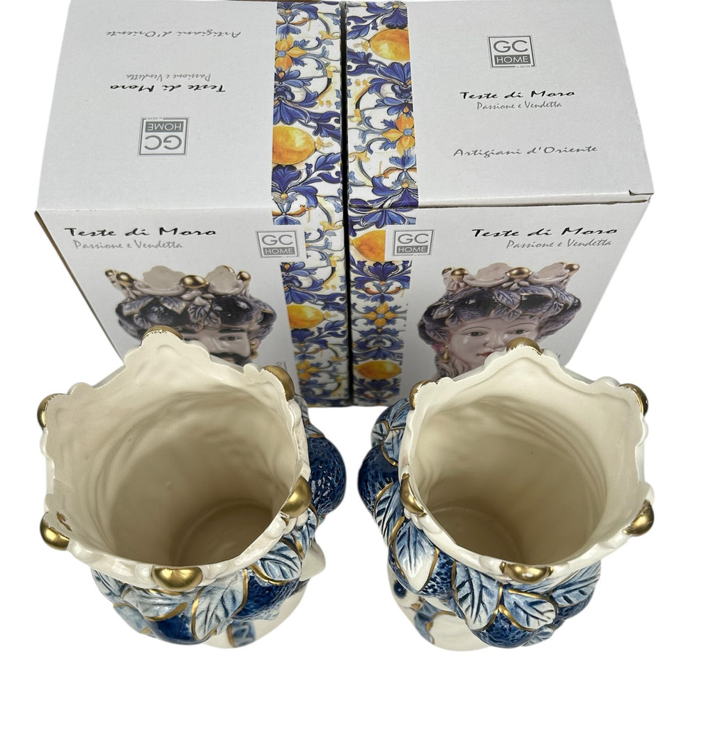 Coppia teste di moro regina e re in ceramica decorata stile siciliano vasi moderni gic foglie