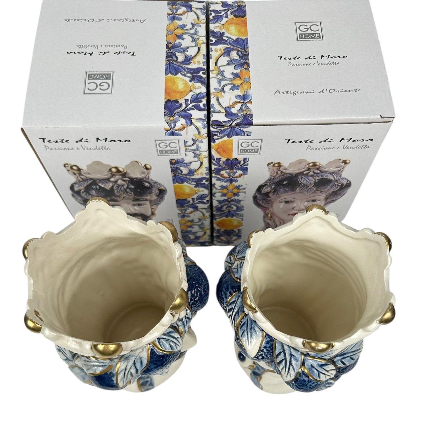 Coppia teste di moro regina e re in ceramica decorata stile siciliano vasi moderni gic foglie