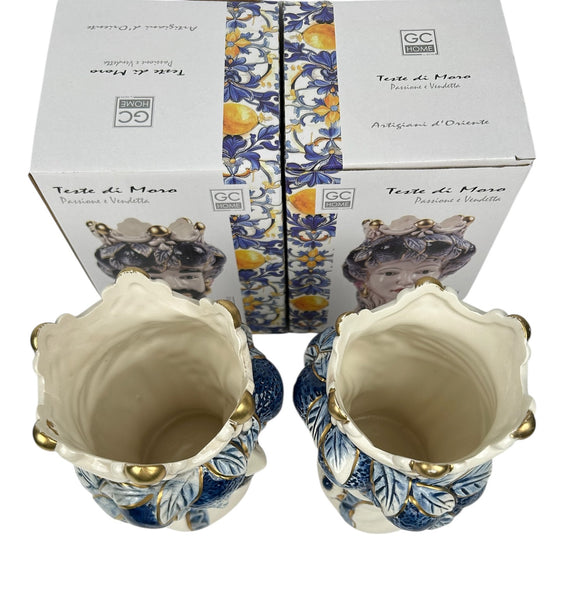 Coppia teste di moro regina e re in ceramica decorata stile siciliano vasi moderni gic foglie