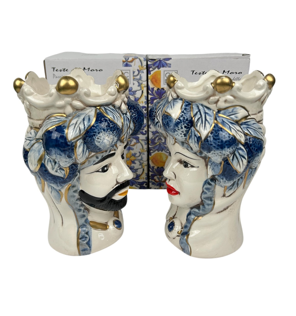 Coppia teste di moro regina e re in ceramica decorata stile siciliano vasi moderni gic foglie