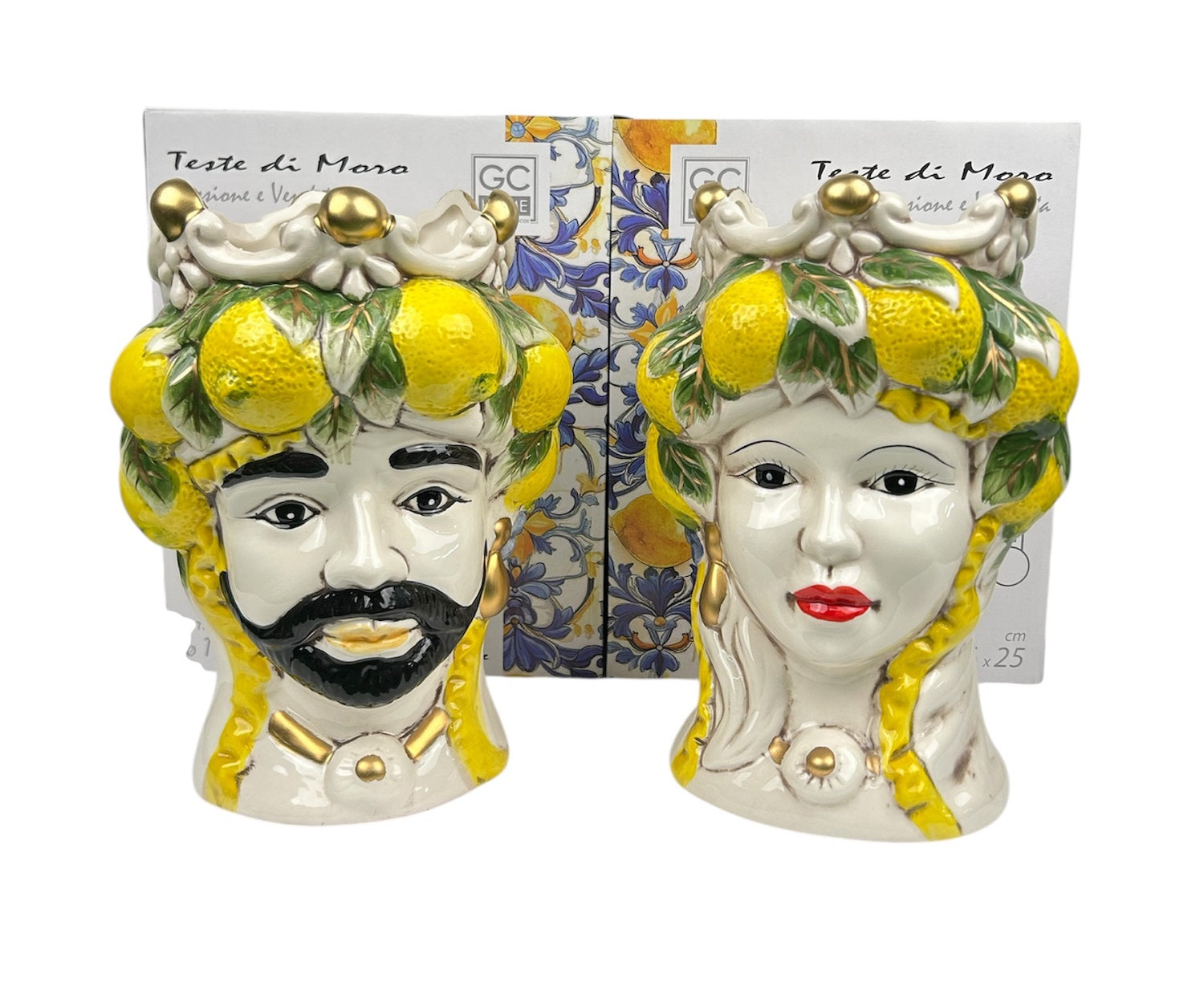 Coppia teste di moro regina e re in ceramica decorata stile siciliano vasi moderni gic limoni