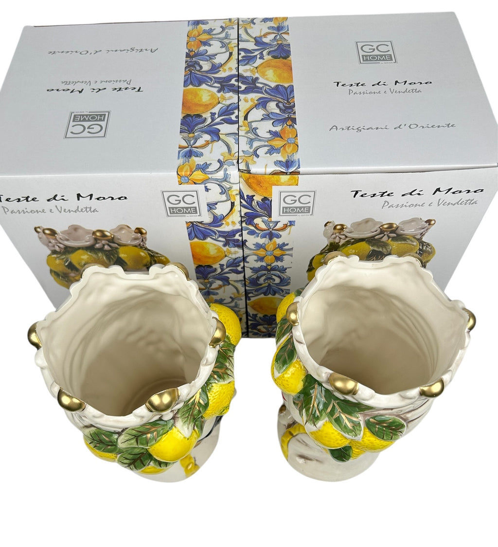 Coppia teste di moro regina e re in ceramica decorata stile siciliano vasi moderni gic limoni