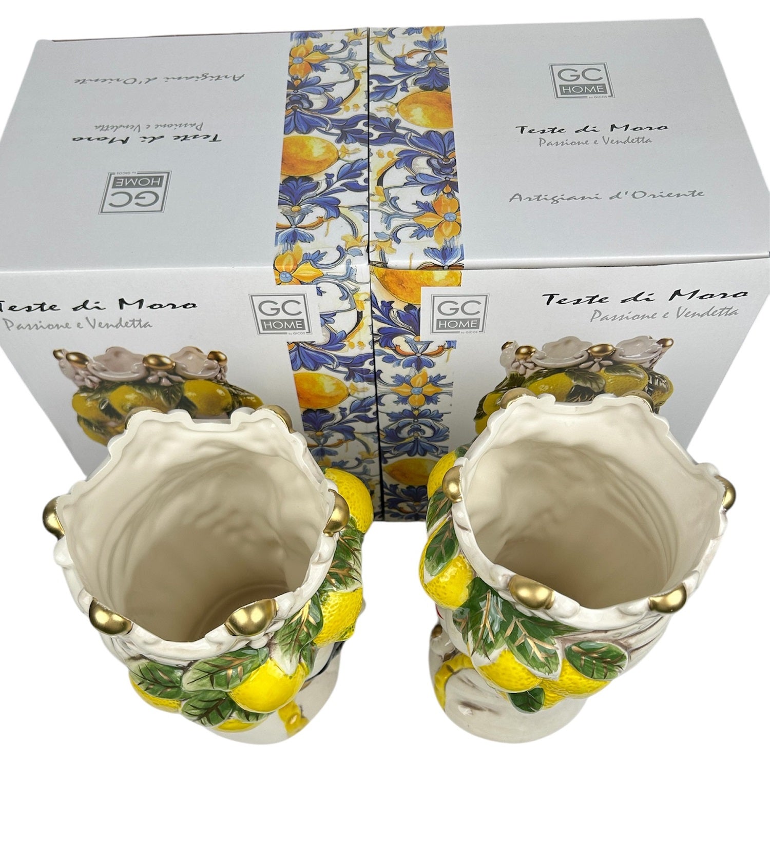 Coppia teste di moro regina e re in ceramica decorata stile siciliano vasi moderni gic limoni