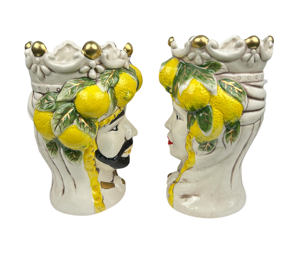 Coppia teste di moro regina e re in ceramica decorata stile siciliano vasi moderni gic limoni