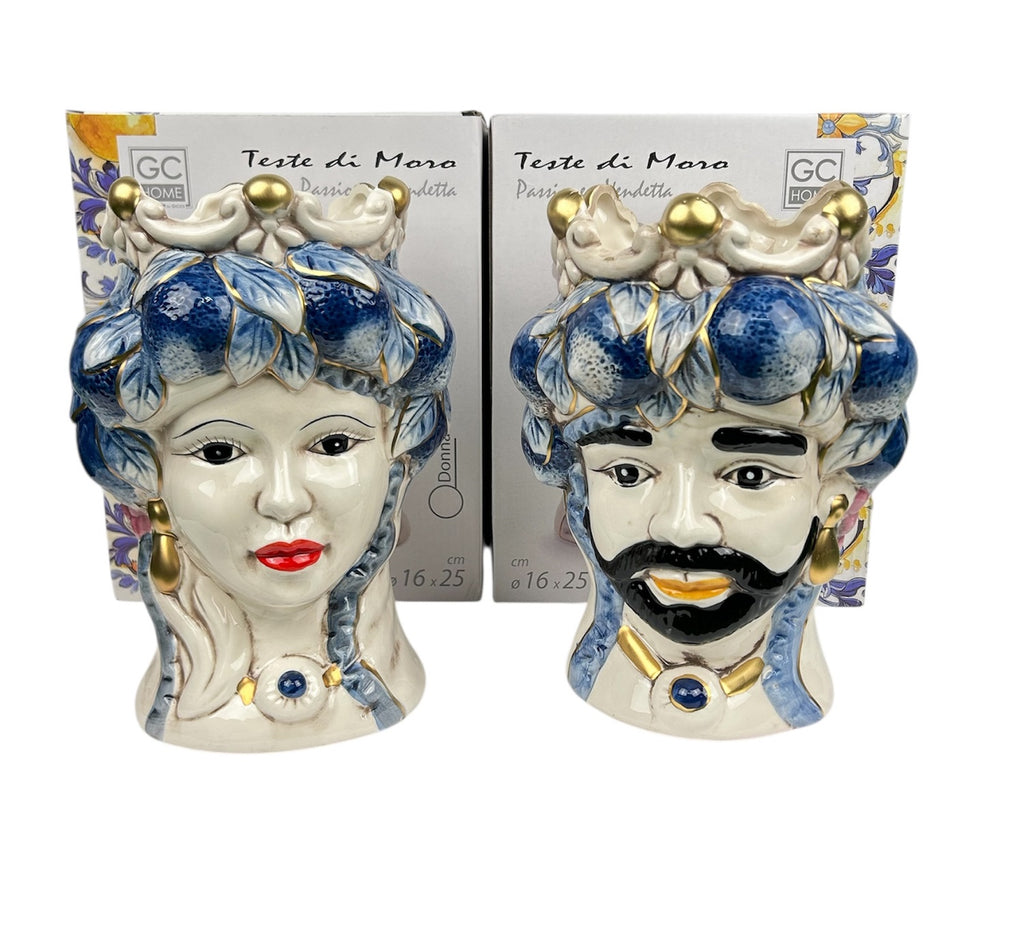 ILAB Pair of Moorish Heads Queen and King in Sicilian Ceramic Hand Decorated Blue and Gold Modern gic h25cm 