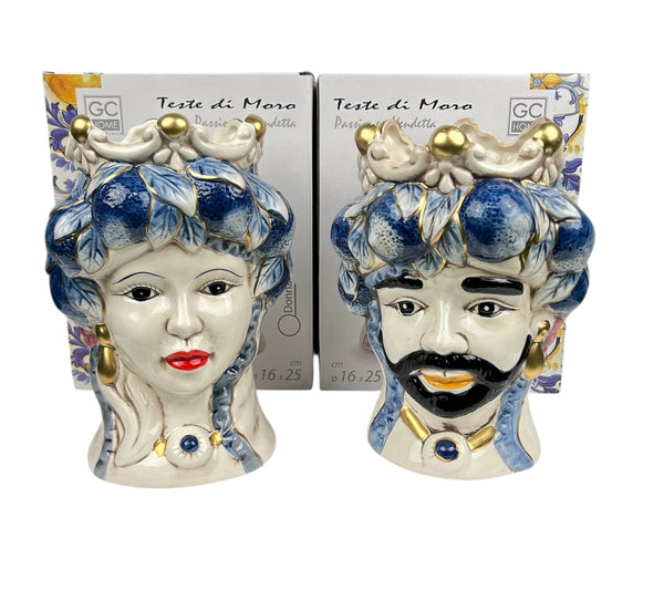Coppia teste di moro regina e re in ceramica decorata stile siciliano vasi moderni gic foglie