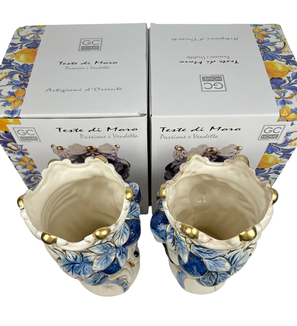 Coppia teste di moro regina e re in ceramica decorata stile siciliano vasi moderni gic foglie