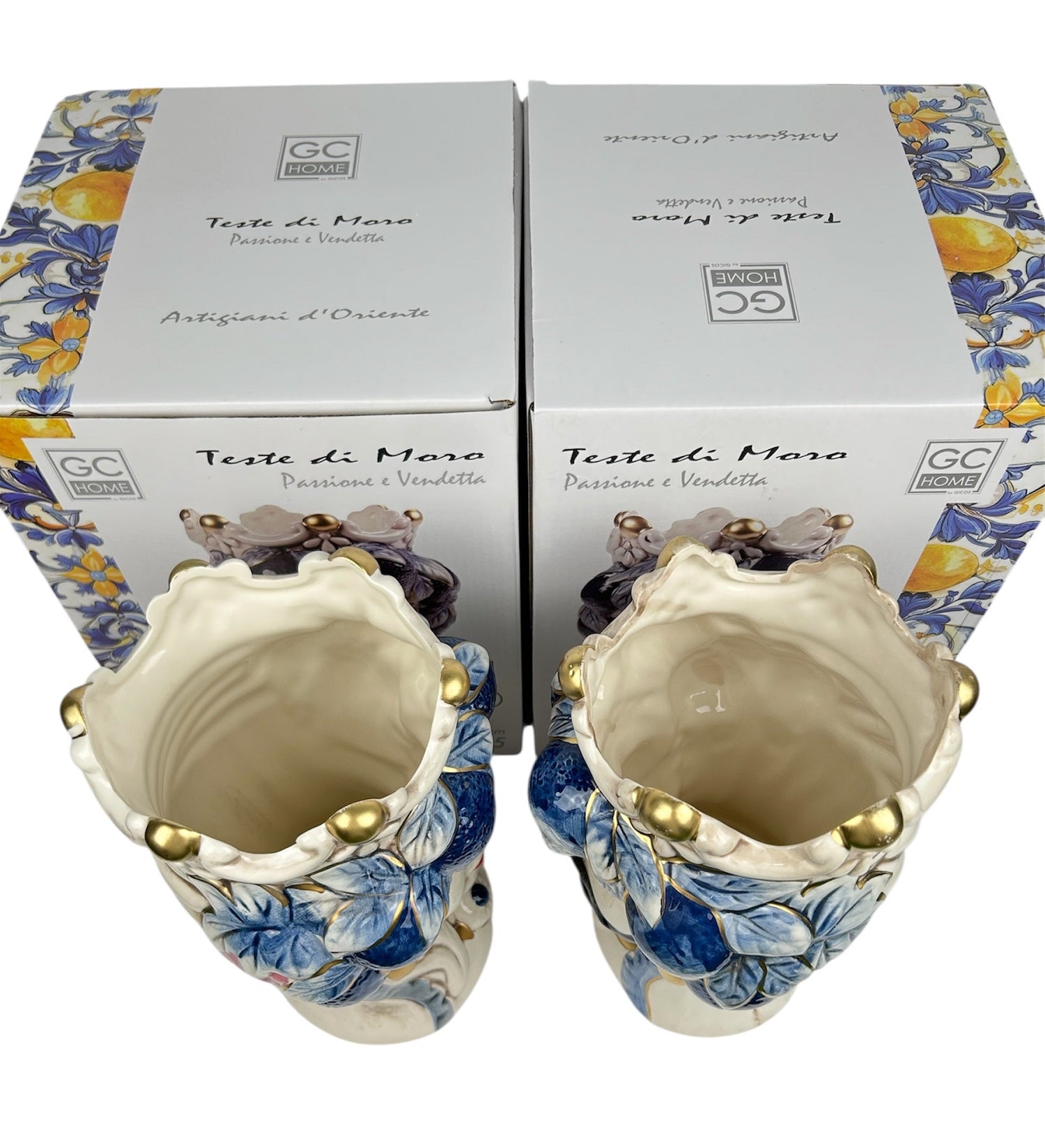 Coppia teste di moro regina e re in ceramica decorata stile siciliano vasi moderni gic foglie