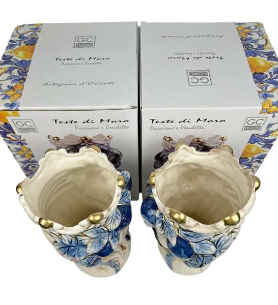 Coppia teste di moro regina e re in ceramica decorata stile siciliano vasi moderni gic foglie