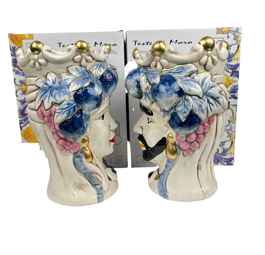 Coppia teste di moro regina e re in ceramica decorata stile siciliano vasi moderni gic foglie