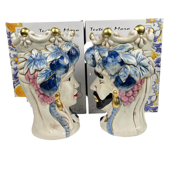 Coppia teste di moro regina e re in ceramica decorata stile siciliano vasi moderni gic foglie