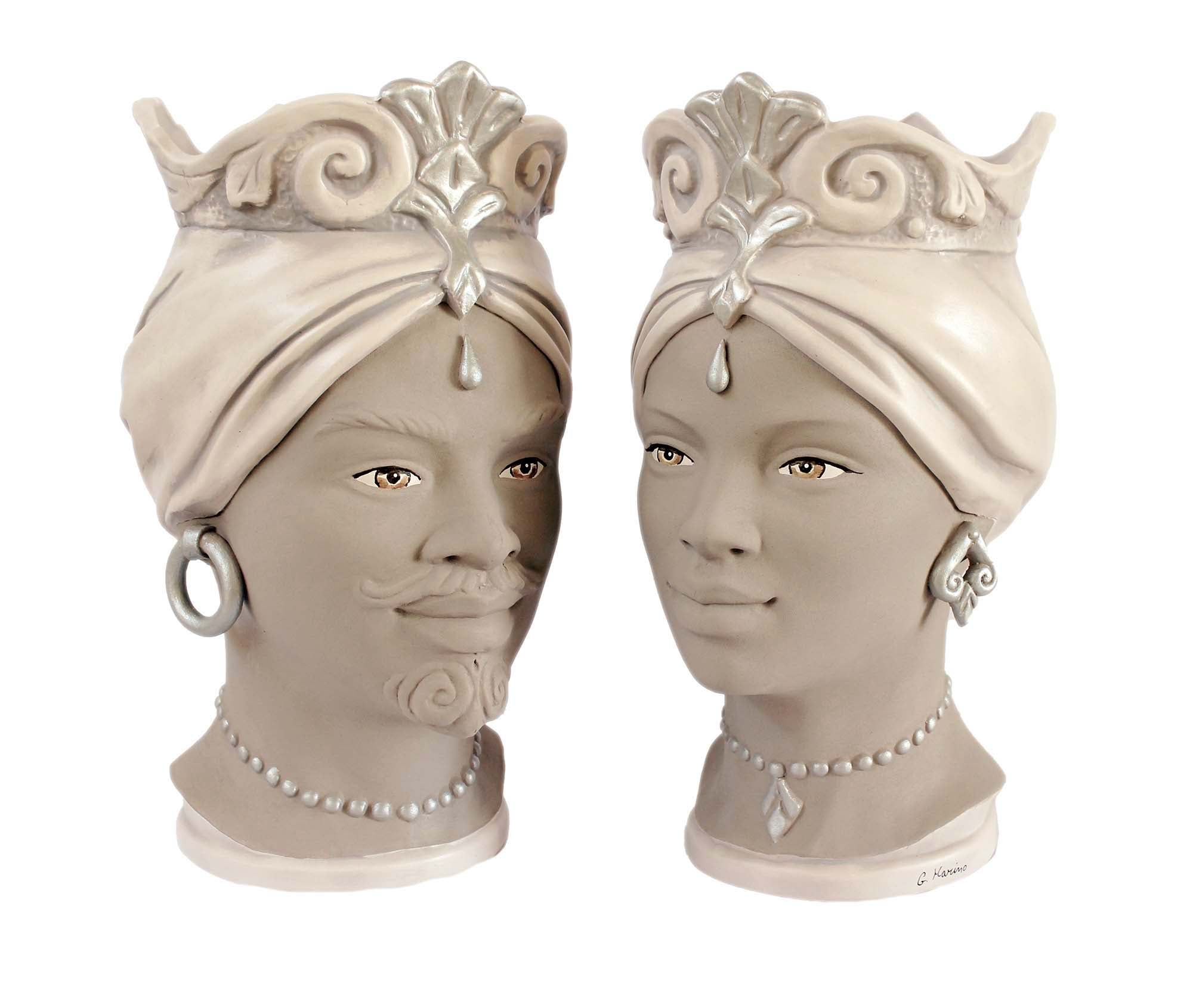 ILAB Pair of Moorish Heads Queen and King in Sicilian Ceramic Hand Decorated Blue and Gold Modern gic h25cm 