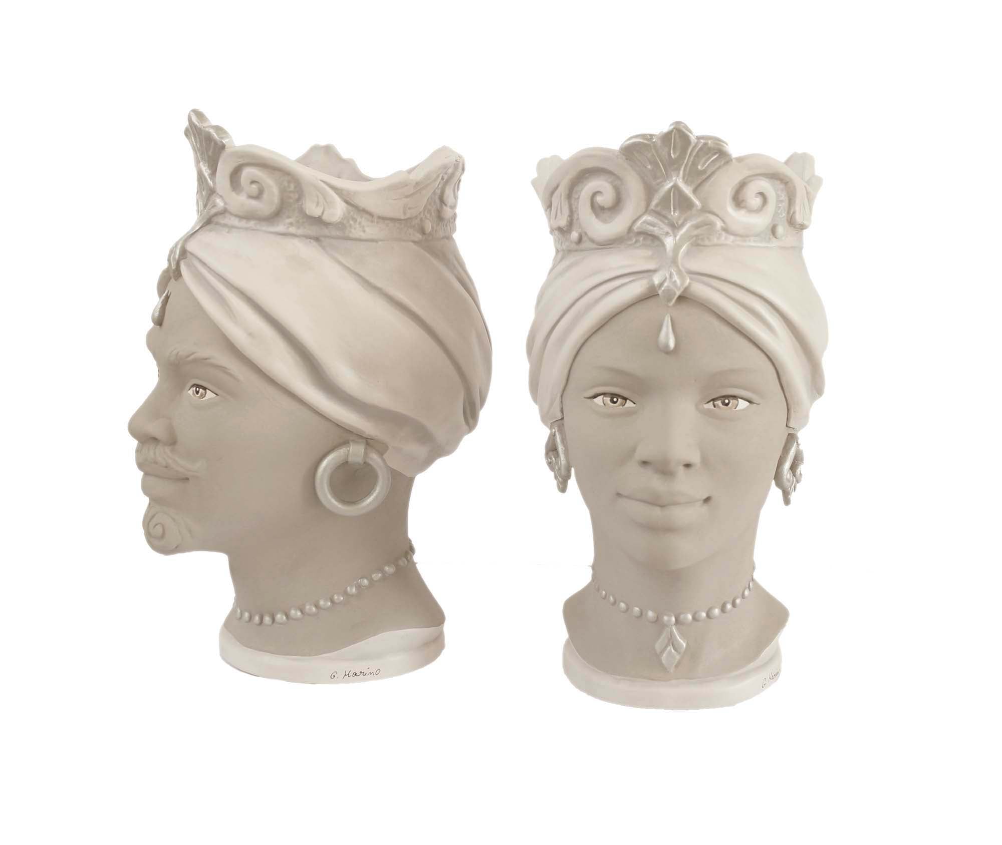 ILAB Pair of Moorish Heads Queen and King in Sicilian Ceramic Hand Decorated Blue and Gold Modern gic h25cm 