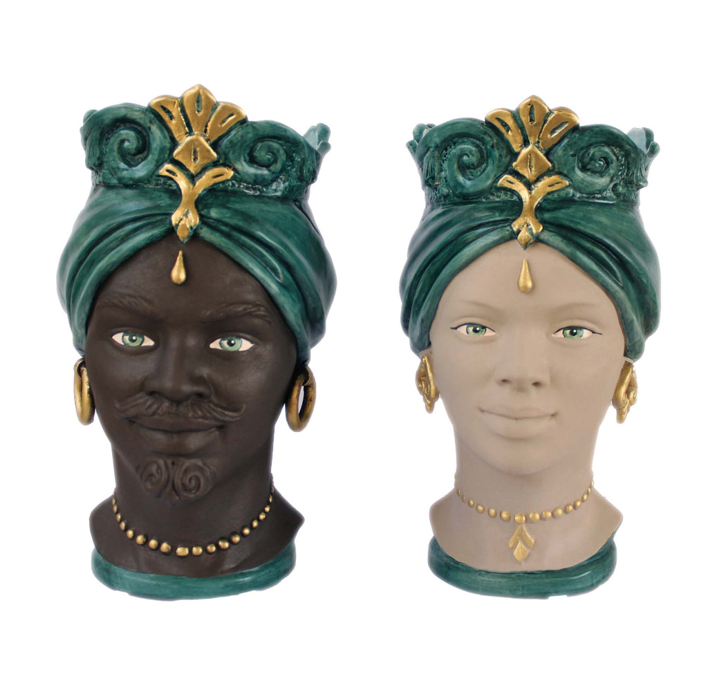ILAB Pair of Moorish Heads Queen and King in Sicilian Ceramic Hand Decorated Blue and Gold Modern gic h25cm 