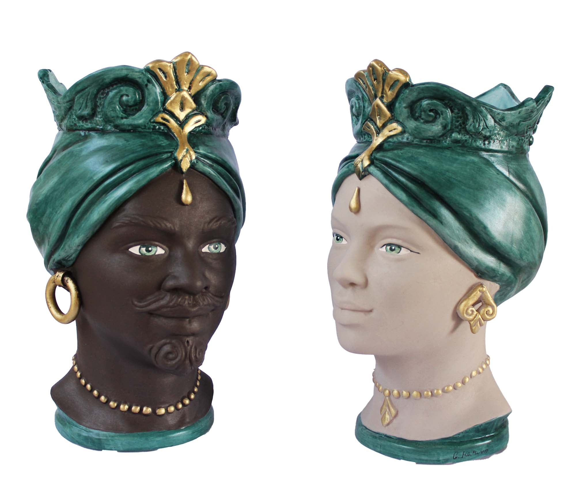 ILAB Pair of Moorish Heads Queen and King in Sicilian Ceramic Hand Decorated Blue and Gold Modern gic h25cm 