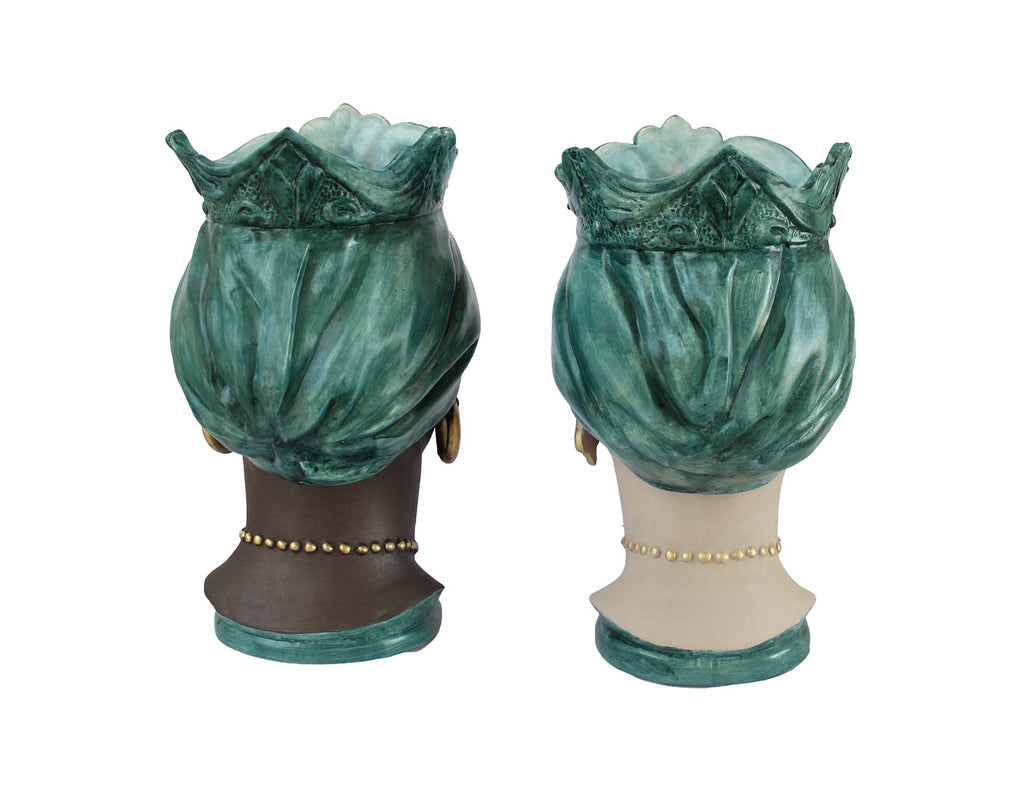 ILAB Pair of Moorish Heads Queen and King in Sicilian Ceramic Hand Decorated Blue and Gold Modern gic h25cm 