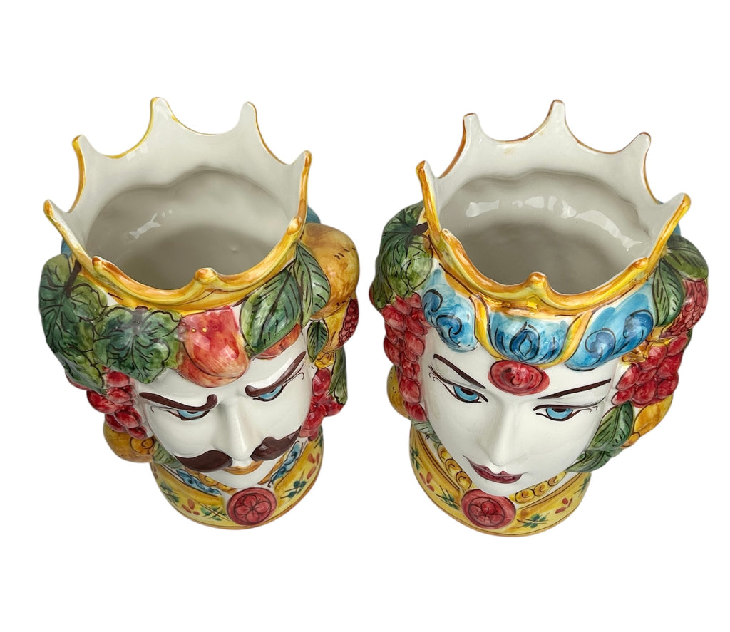 Coppia teste di moro in ceramica siciliana di Caltagirone H 34 cm art. giallo