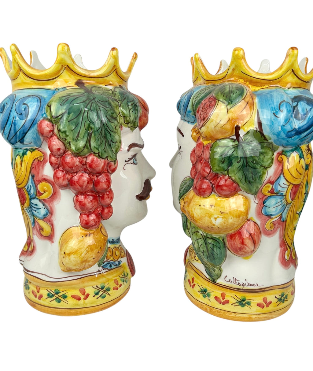 Coppia teste di moro in ceramica siciliana di Caltagirone H 34 cm art. giallo