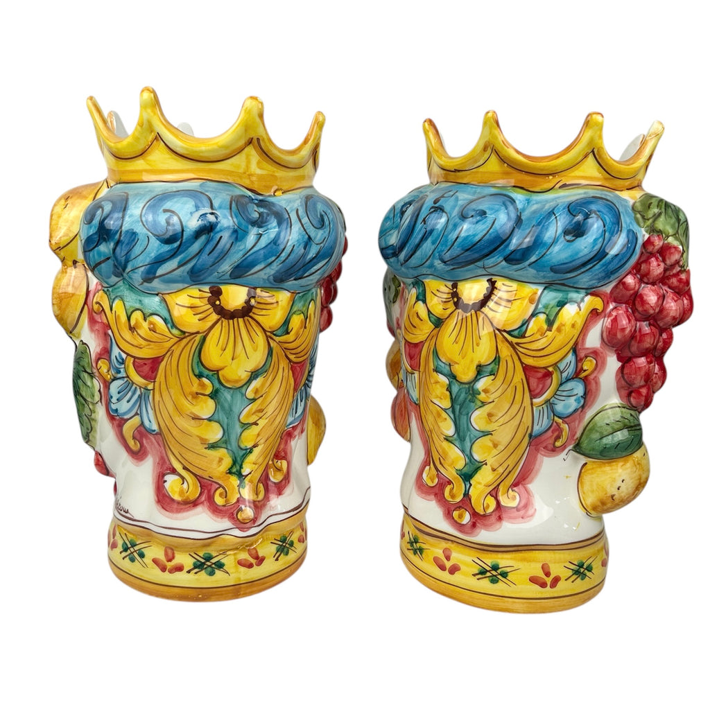 Coppia teste di moro in ceramica siciliana di Caltagirone H 34 cm art. giallo