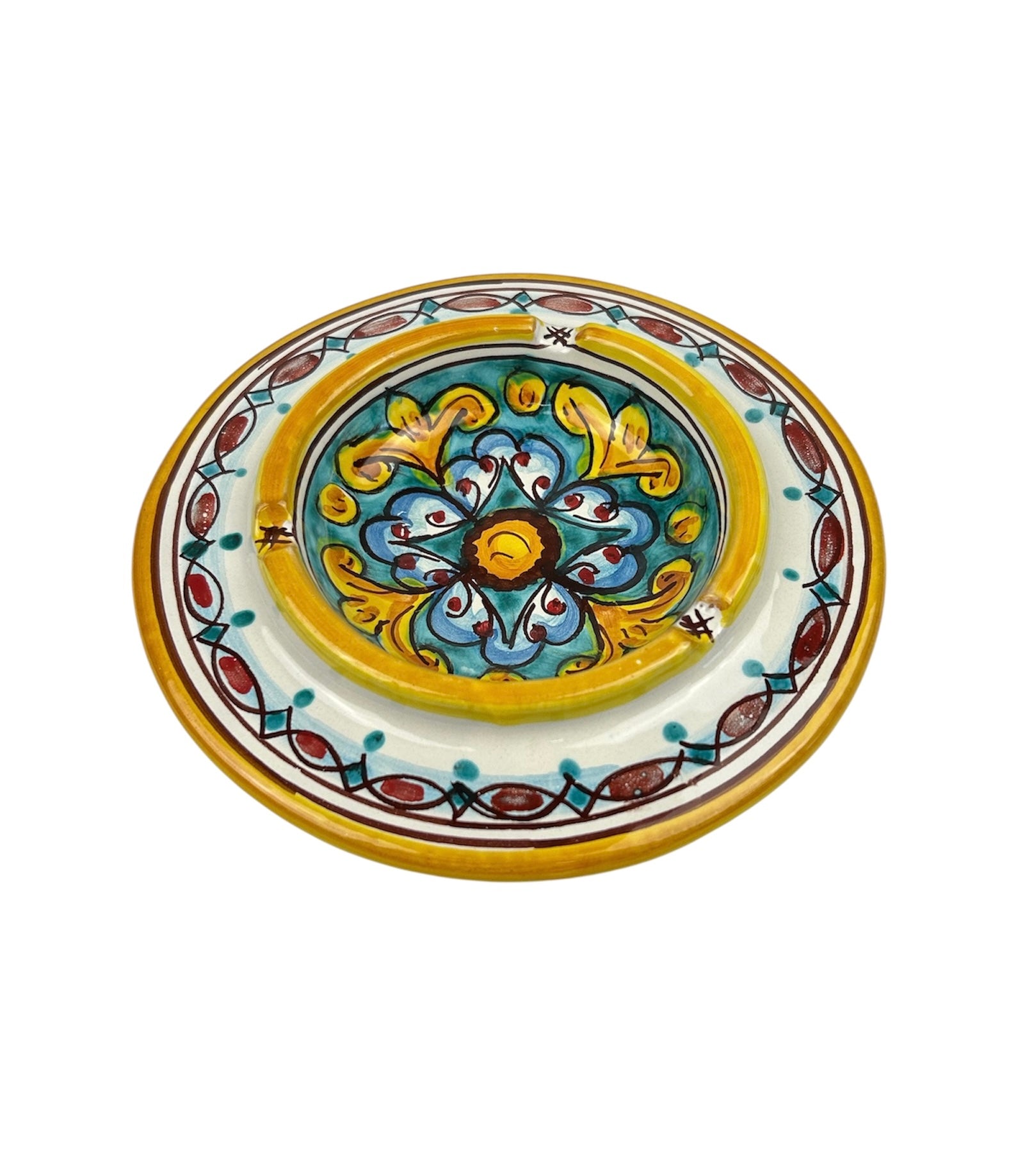 Portacenere rotondo in ceramica decorata a mano da ceramisti siciliani art. gomes