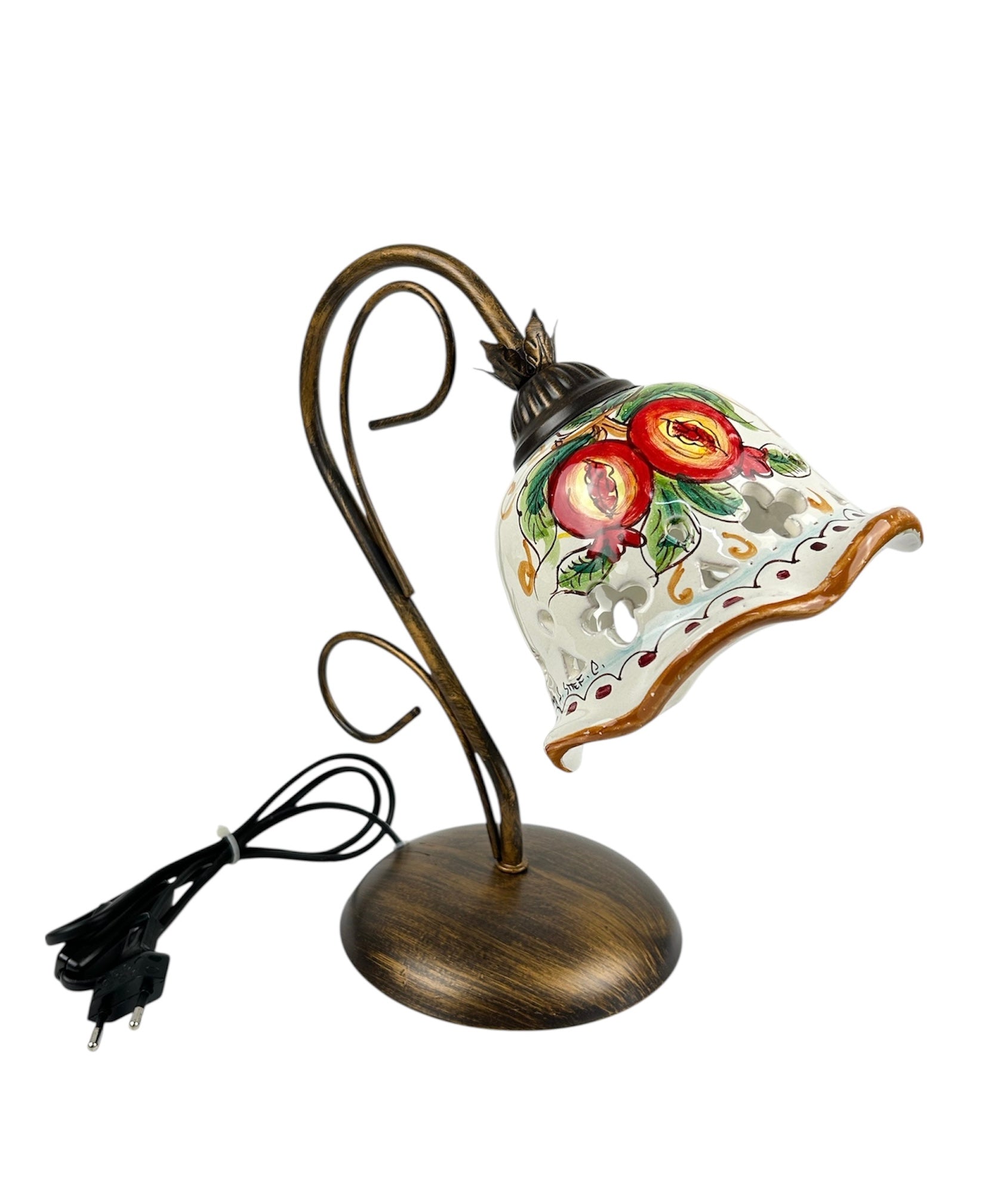 Lumetto lampada da comodino a 1 luce in ferro battuto e ceramica realizzata e decorata artigianalmente a mano art. melograno