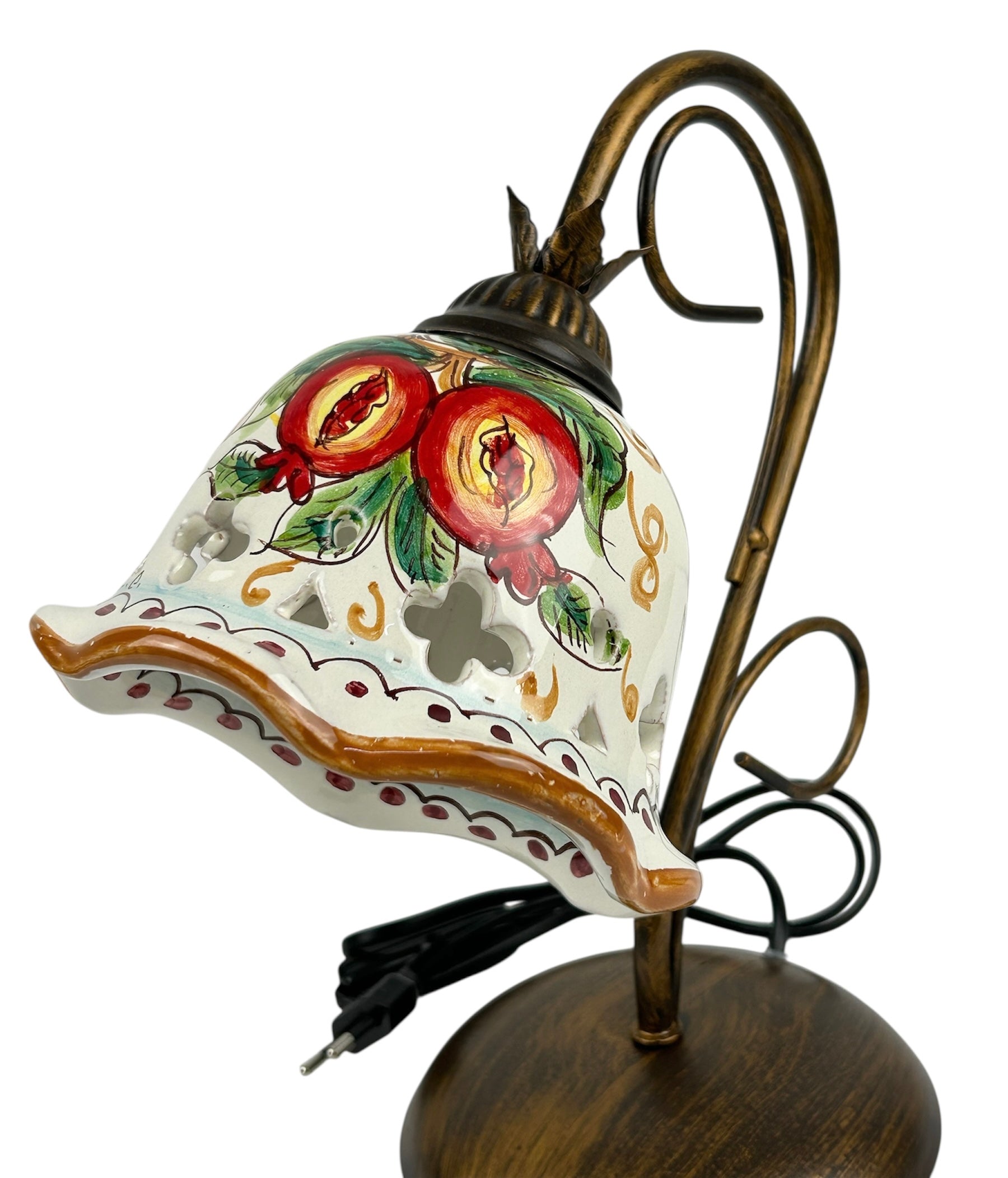 Lumetto lampada da comodino a 1 luce in ferro battuto e ceramica realizzata e decorata artigianalmente a mano art. melograno