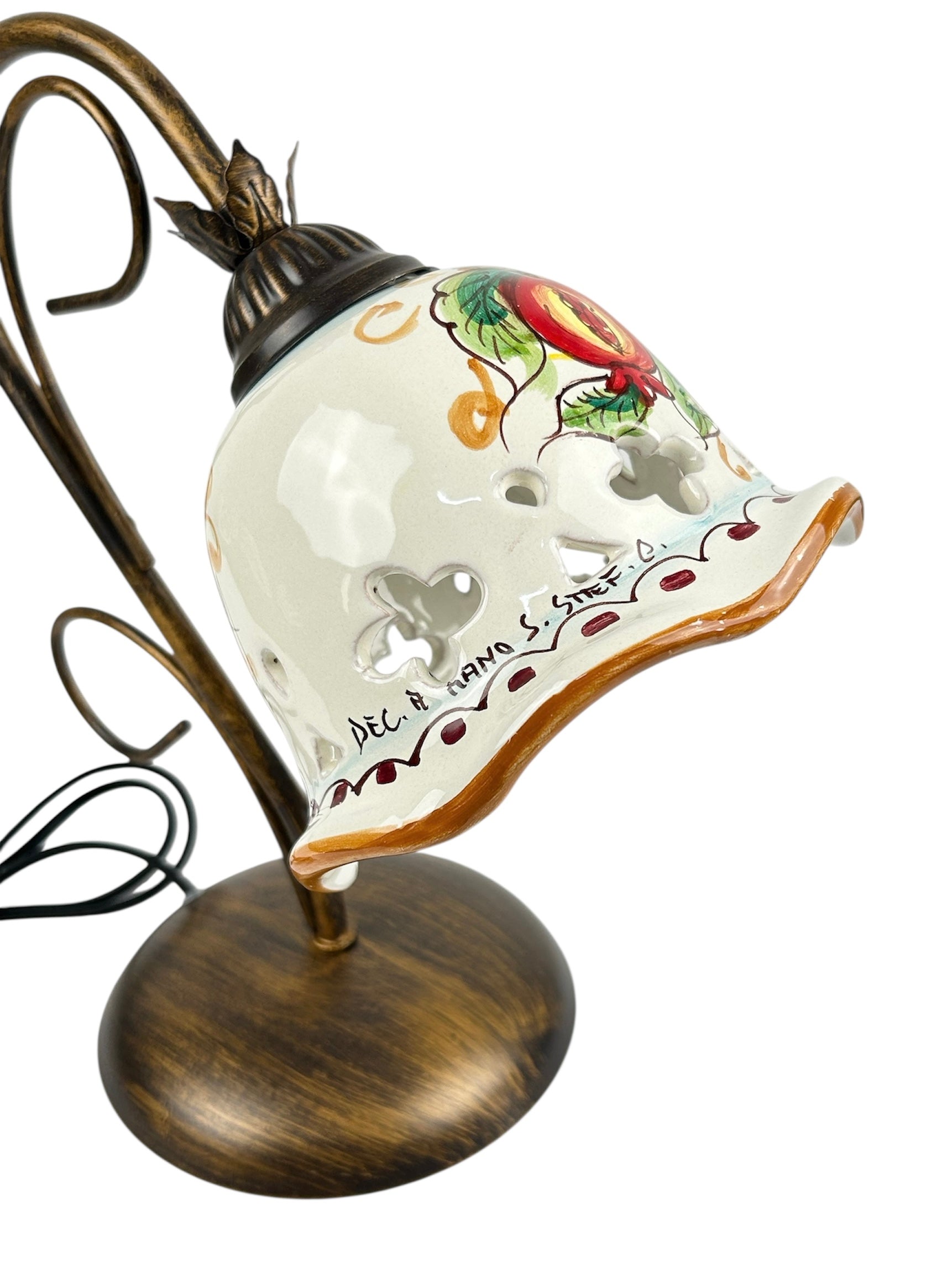 Lumetto lampada da comodino a 1 luce in ferro battuto e ceramica realizzata e decorata artigianalmente a mano art. melograno