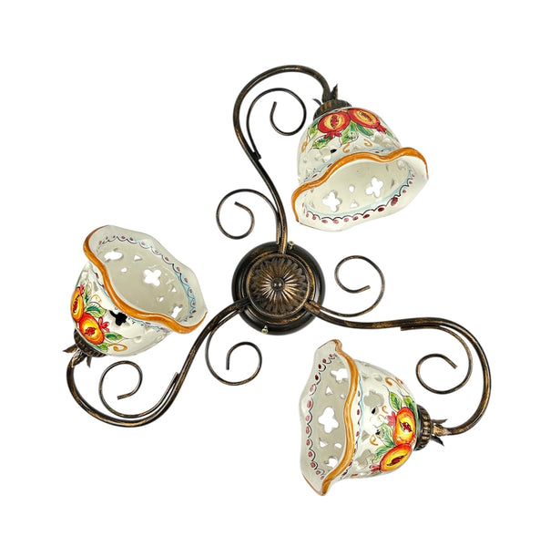 Plafoniera da soffitto a 3 luci in ferro battuto e ceramica siciliana realizzata e decorata artigianalmente coll. melograno
