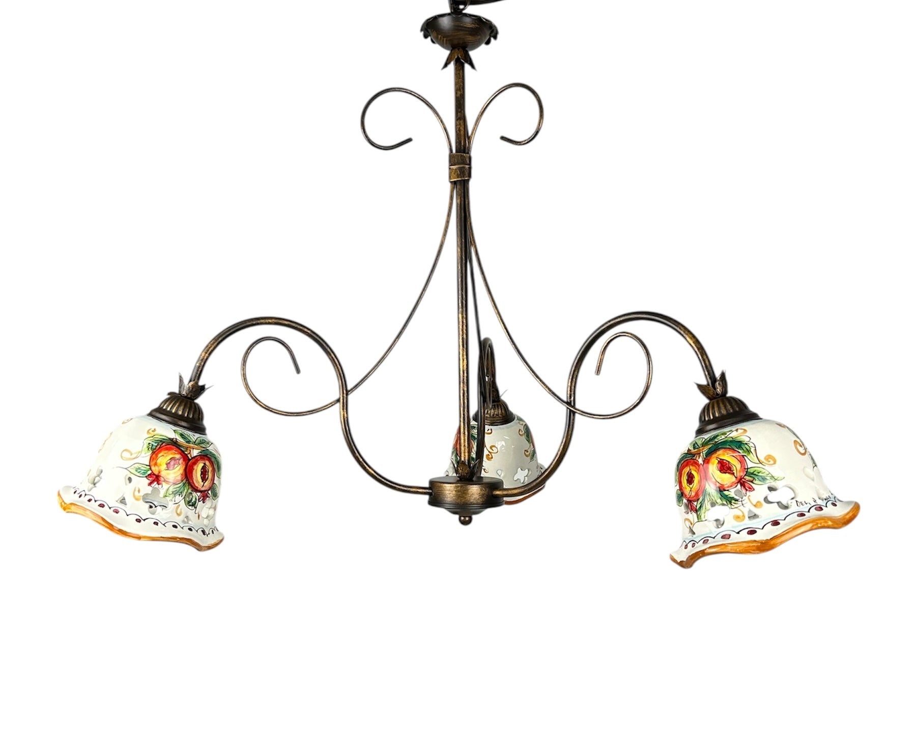 Lampadario a 3 luci in ferro battuto e ceramica siciliana realizzato e decorato artigianalmente coll. melograno