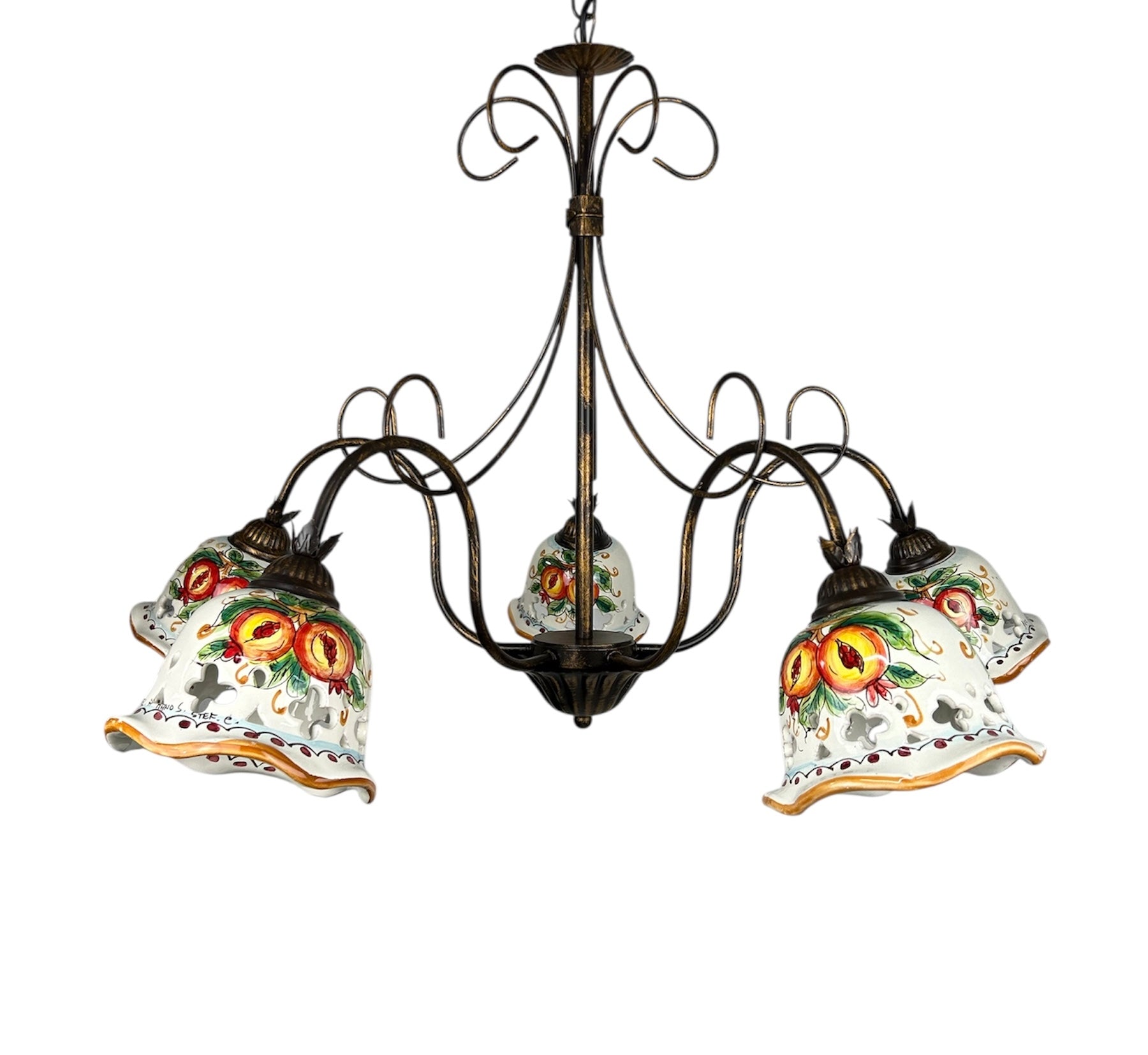 Lampadario a 5 luci in ferro battuto e ceramica siciliana realizzato e decorato artigianalmente coll. melograno