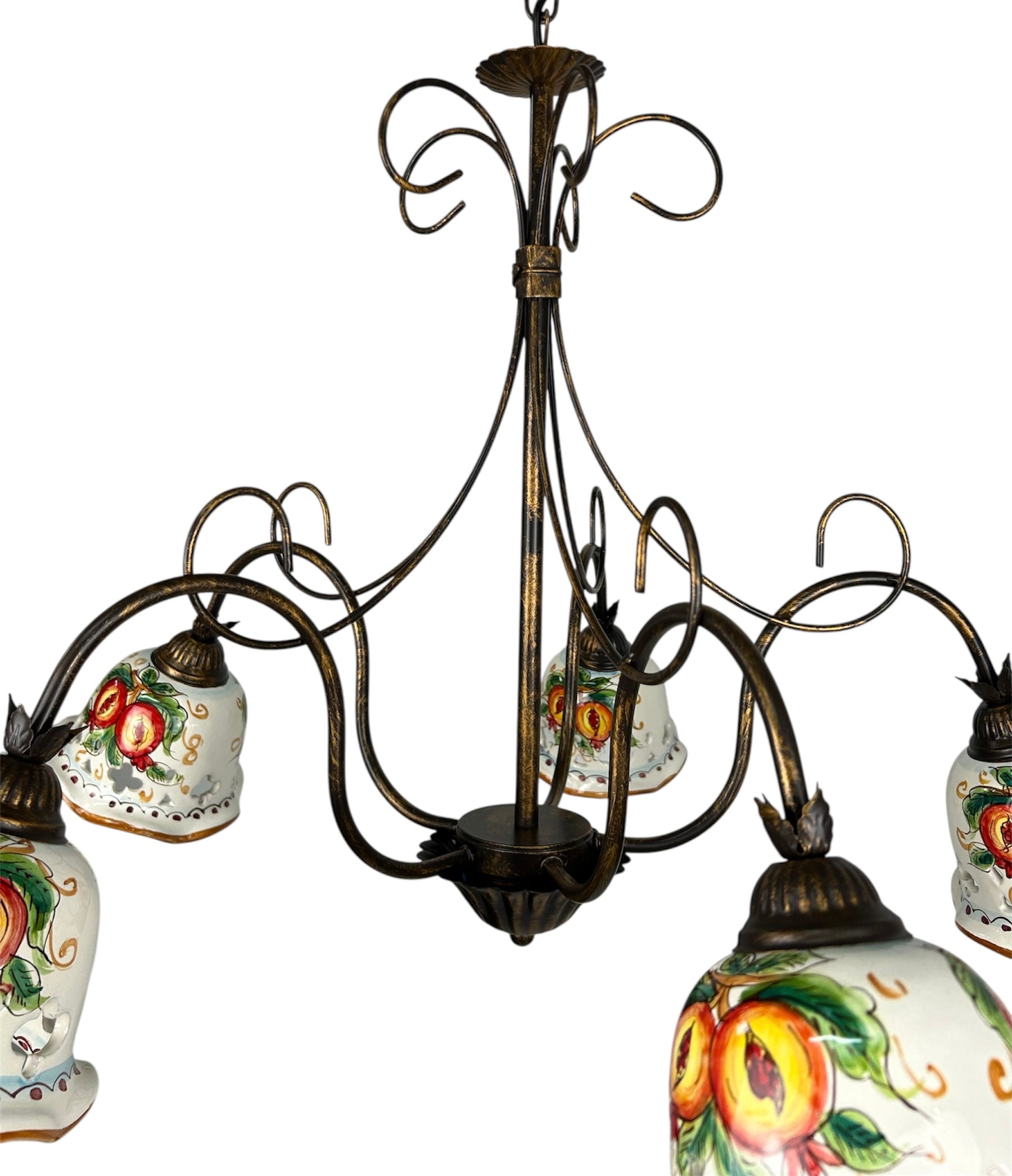 Lampadario a 5 luci in ferro battuto e ceramica siciliana realizzato e decorato artigianalmente coll. melograno