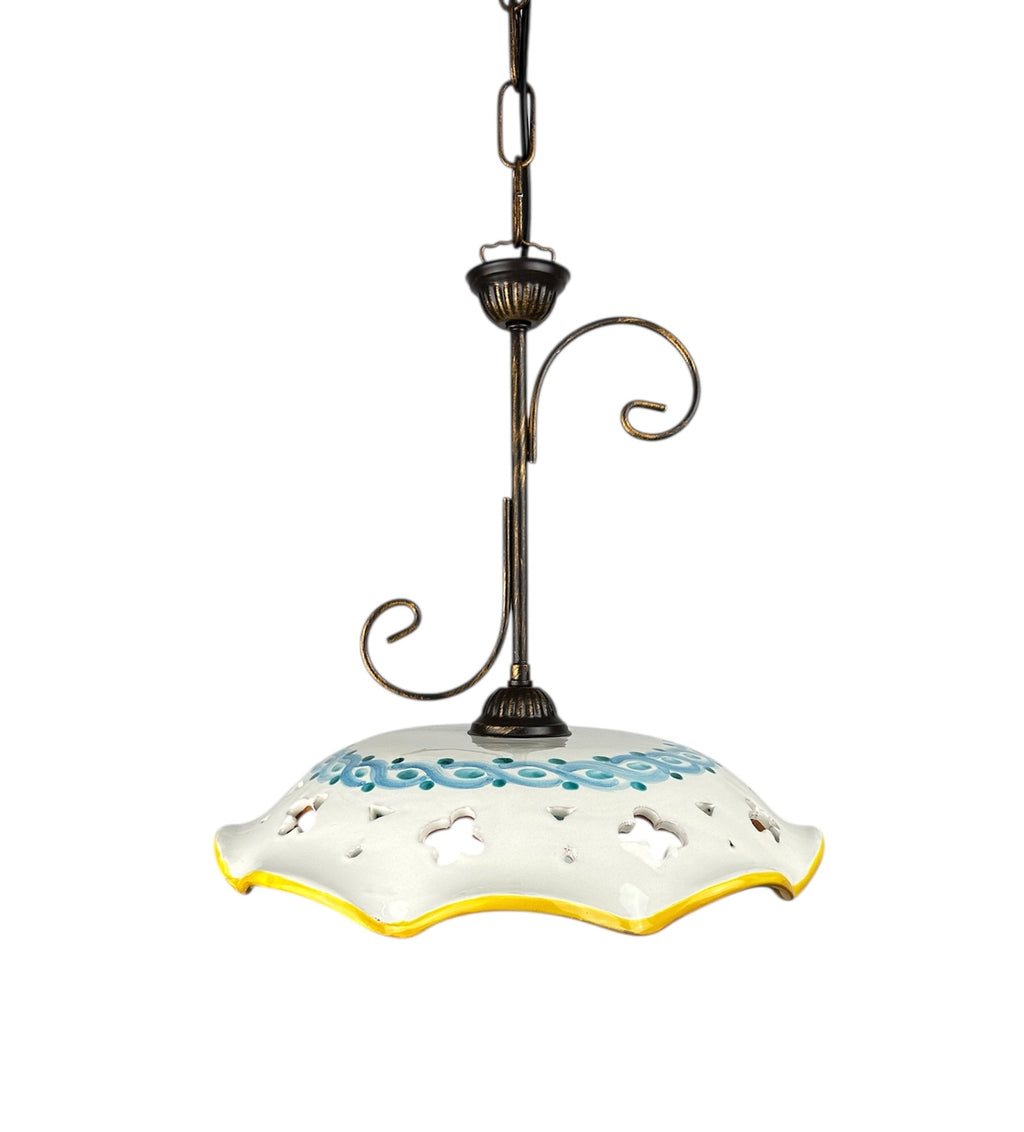 Lampadario a sospensione 1 luce rustico in ferro battuto e ceramica realizzato e decorato artigianalmente ingresso cucina coll. gomes