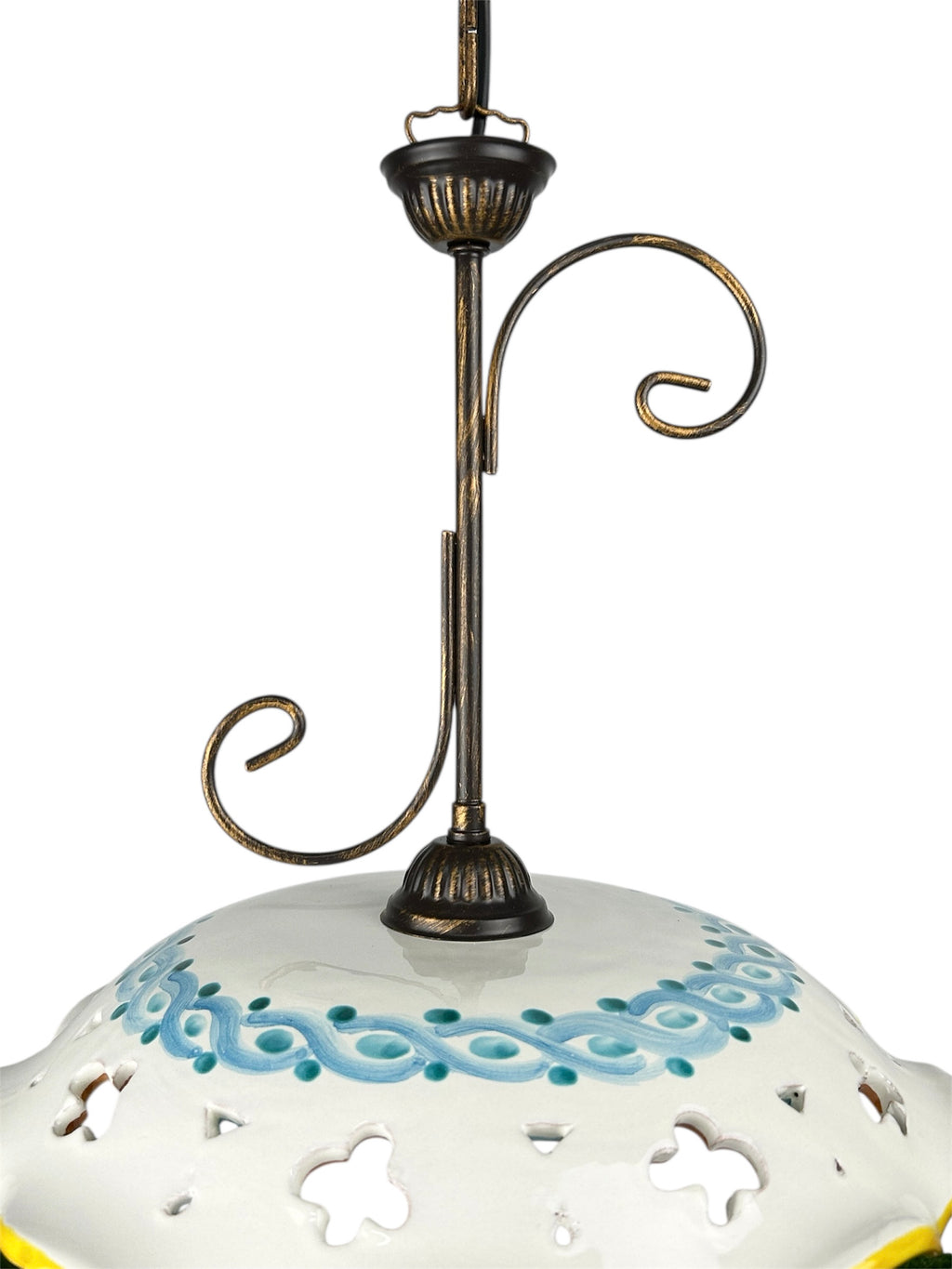 Lampadario a sospensione 1 luce rustico in ferro battuto e ceramica realizzato e decorato artigianalmente ingresso cucina coll. gomes