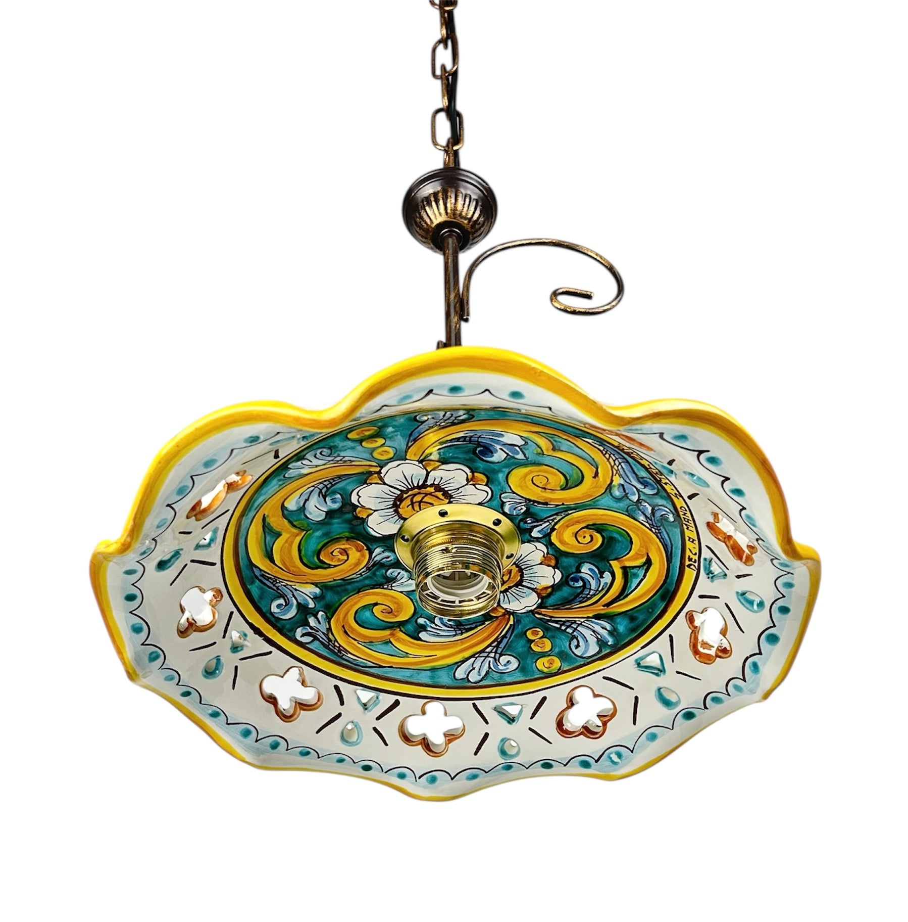 Lampadario a sospensione 1 luce rustico in ferro battuto e ceramica realizzato e decorato artigianalmente ingresso cucina coll. gomes