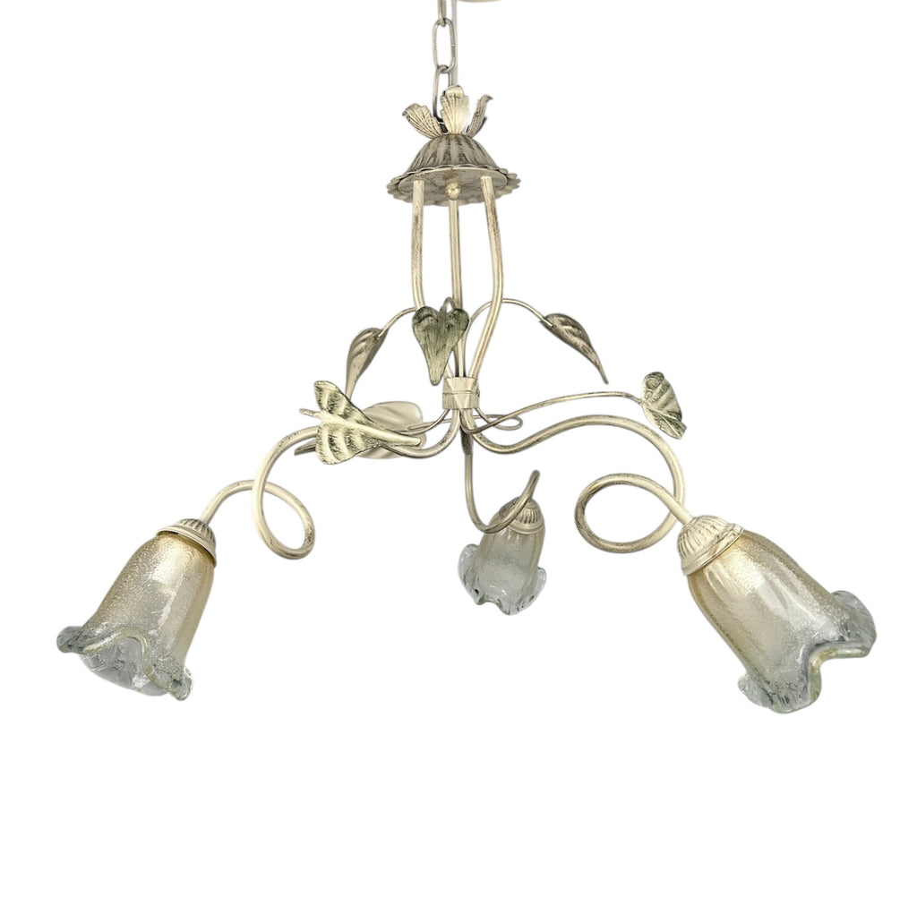 Lampadario a 3 luci classico in ferro battuto e vetro realizzato e decorato artigianalmente coll. steven