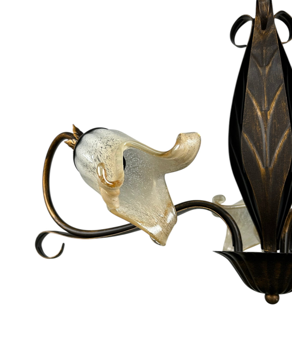 Lampadario a 3 luci classico in ferro battuto e vetro realizzato e decorato artigianalmente coll. scott