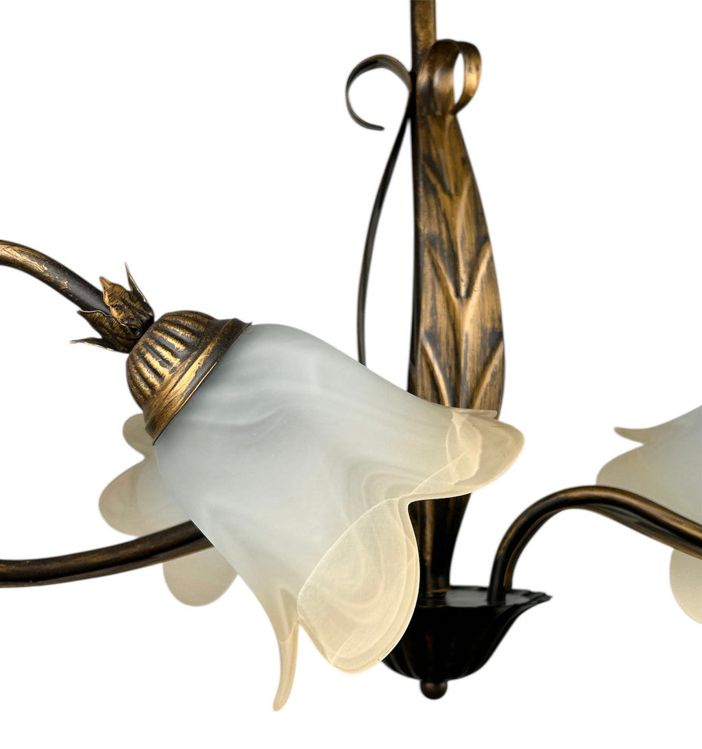 Lampadario a 3 luci classico in ferro battuto e vetro realizzato e decorato artigianalmente coll. ralph