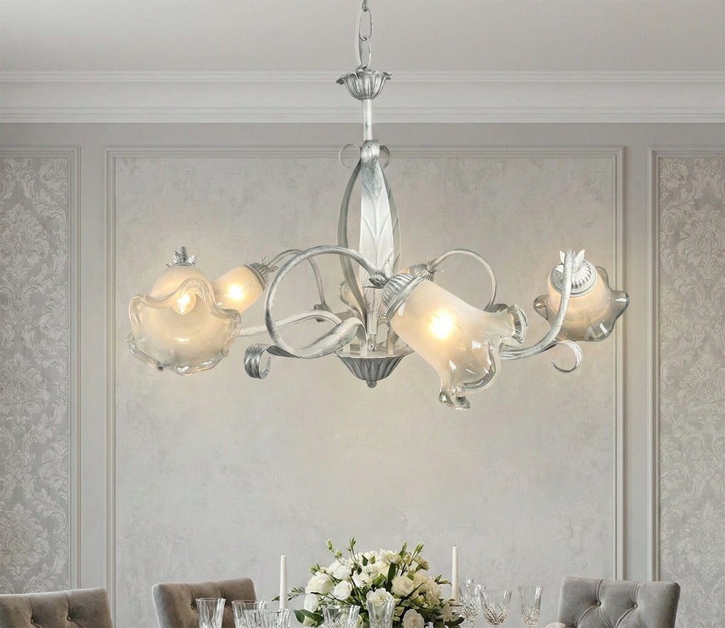 Lampadario a 5 luci moderno in ferro battuto e vetro realizzato artigianalmente coll. venere