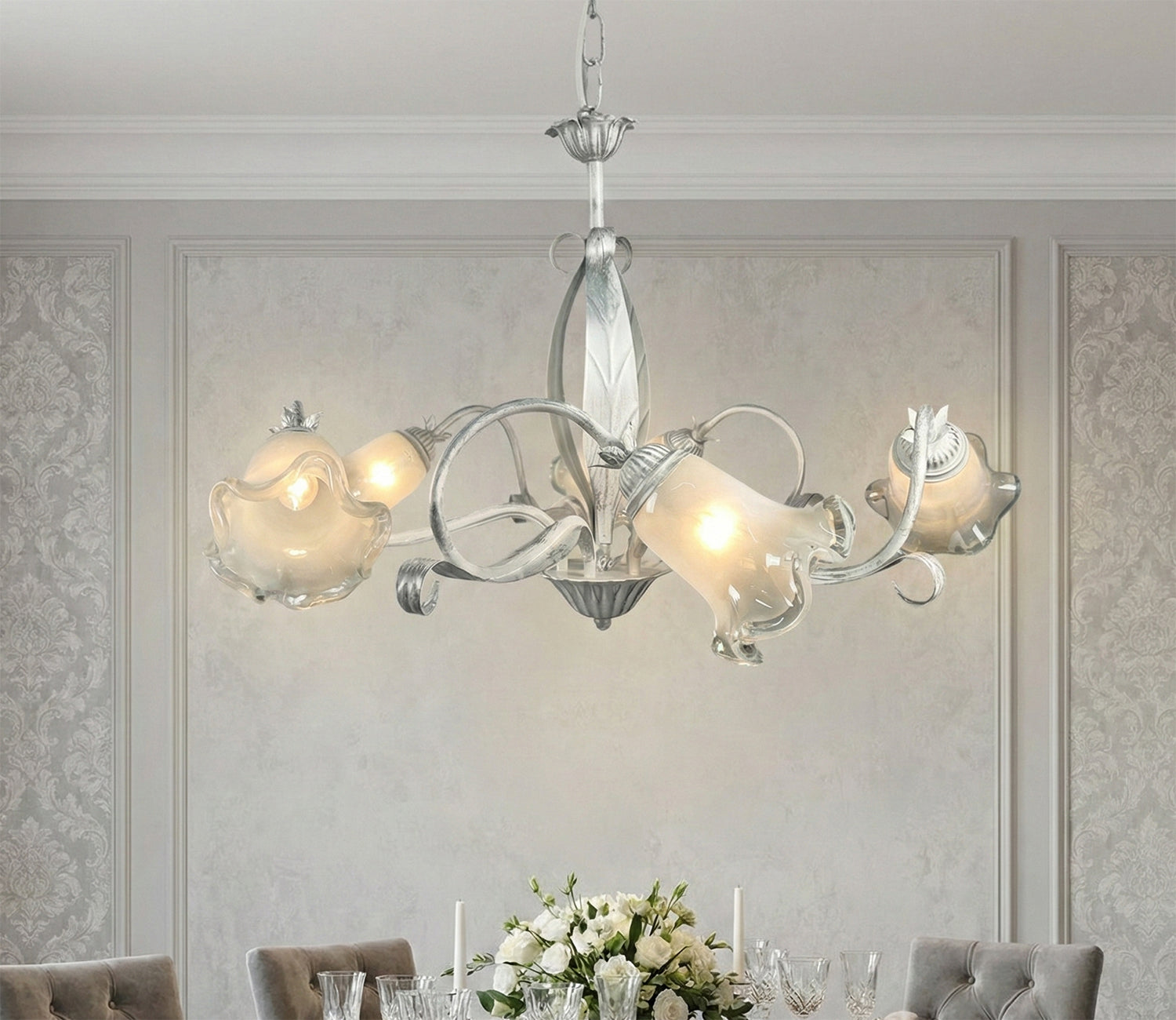 Lampadario a 5 luci moderno in ferro battuto e vetro realizzato artigianalmente coll. venere
