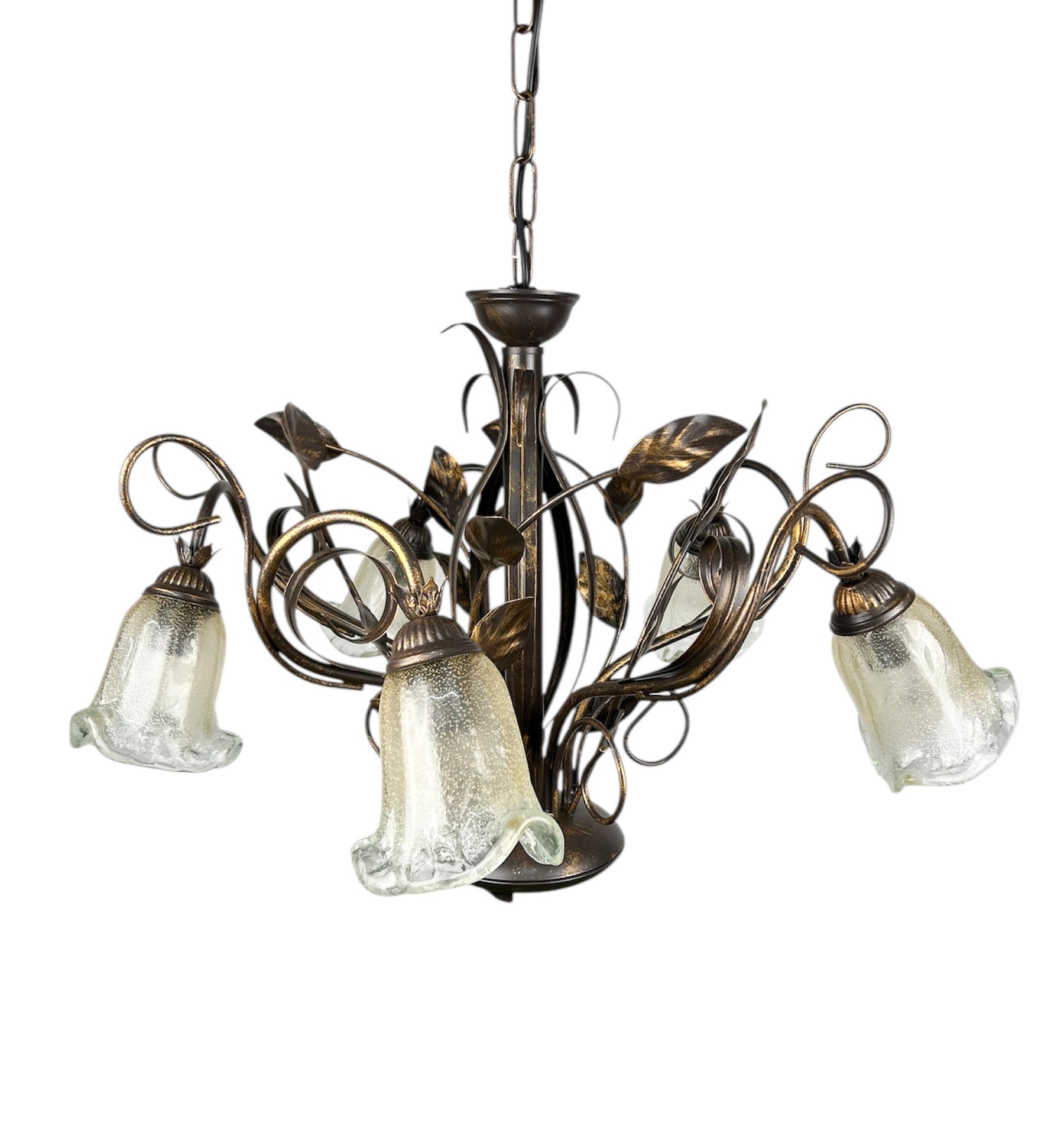 Lampadario a 5 luci classico in ferro battuto e vetro realizzato e decorato artigianalmente coll. cox