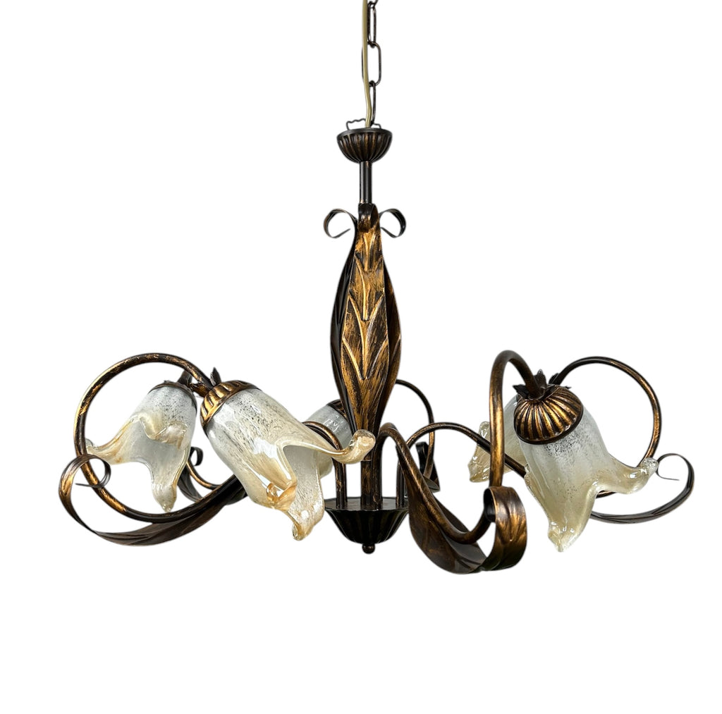 Lampadario a 5 luci classico in ferro battuto e vetro realizzato e decorato artigianalmente coll. scott