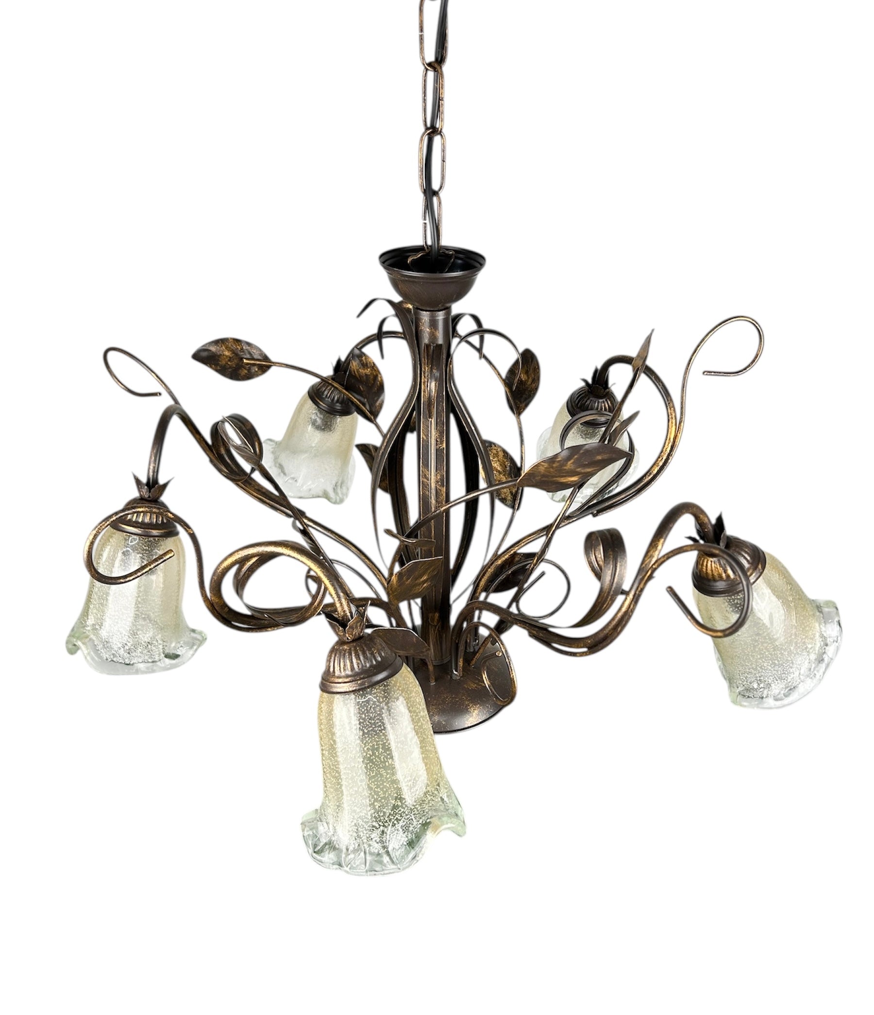 Lampadario a 5 luci classico in ferro battuto e vetro realizzato e decorato artigianalmente coll. cox