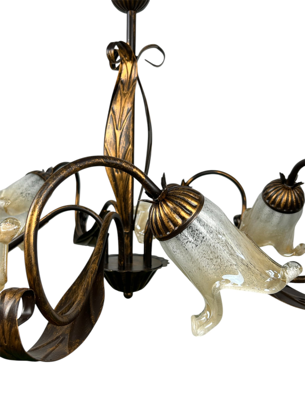 Lampadario a 5 luci classico in ferro battuto e vetro realizzato e decorato artigianalmente coll. scott