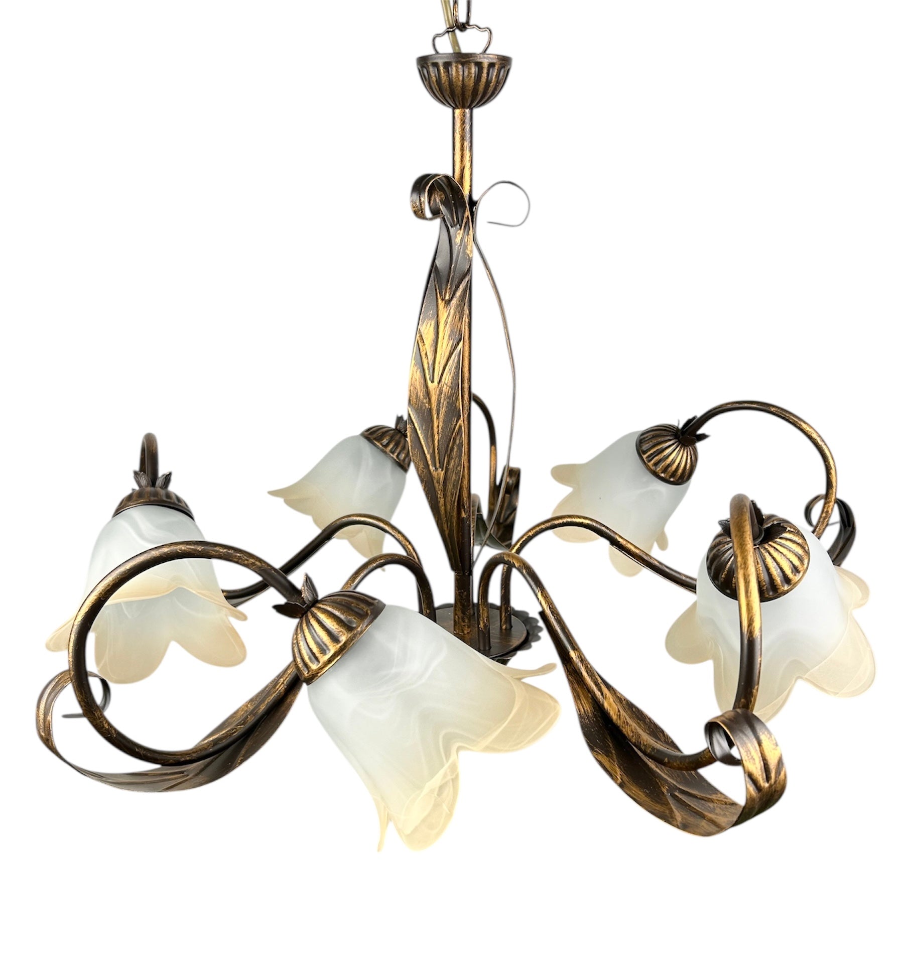 Lampadario a 5 luci classico in ferro battuto e vetro realizzato e decorato artigianalmente coll. ralph