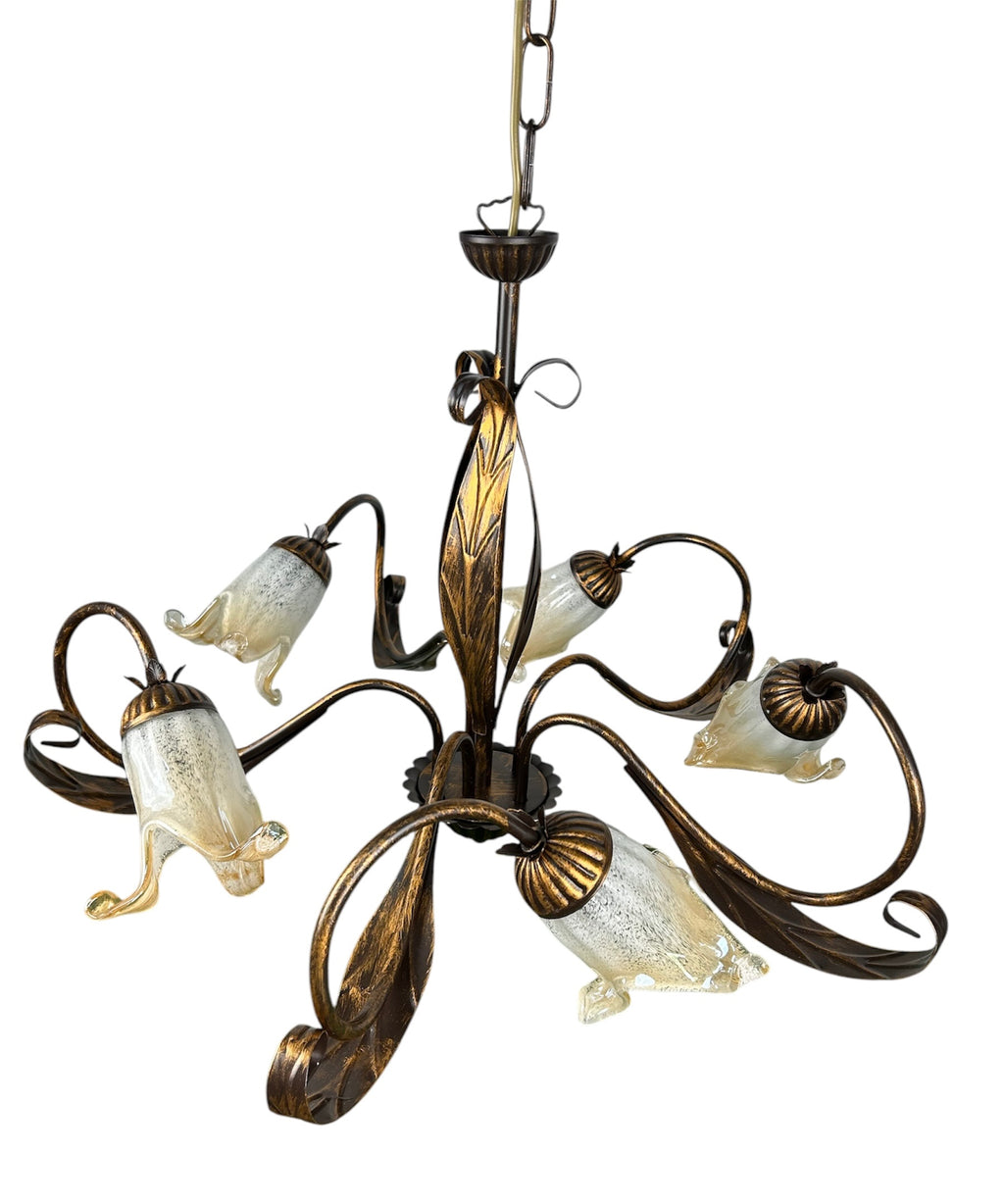 Lampadario a 5 luci classico in ferro battuto e vetro realizzato e decorato artigianalmente coll. scott